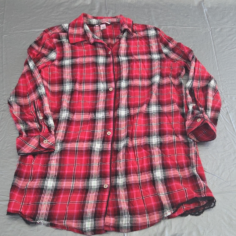 Victoria's Secret Red and White Plaid Button-Down Night Shirt Size L